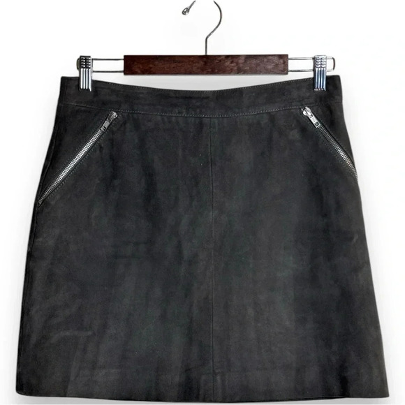 Topshop Dark Olive Suede High Waist Silver Zip Closure/Pocket Detail Mini Skirt - Picture 2 of 16